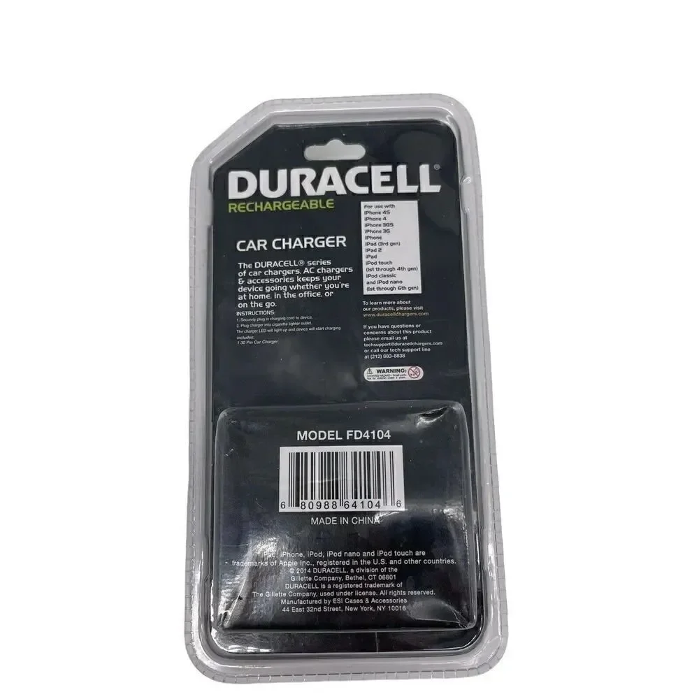 Duracell Fast Charging Car Charger iPhone 4 4s 3GS 3G iPad 2 Touch iPod 30 Pin